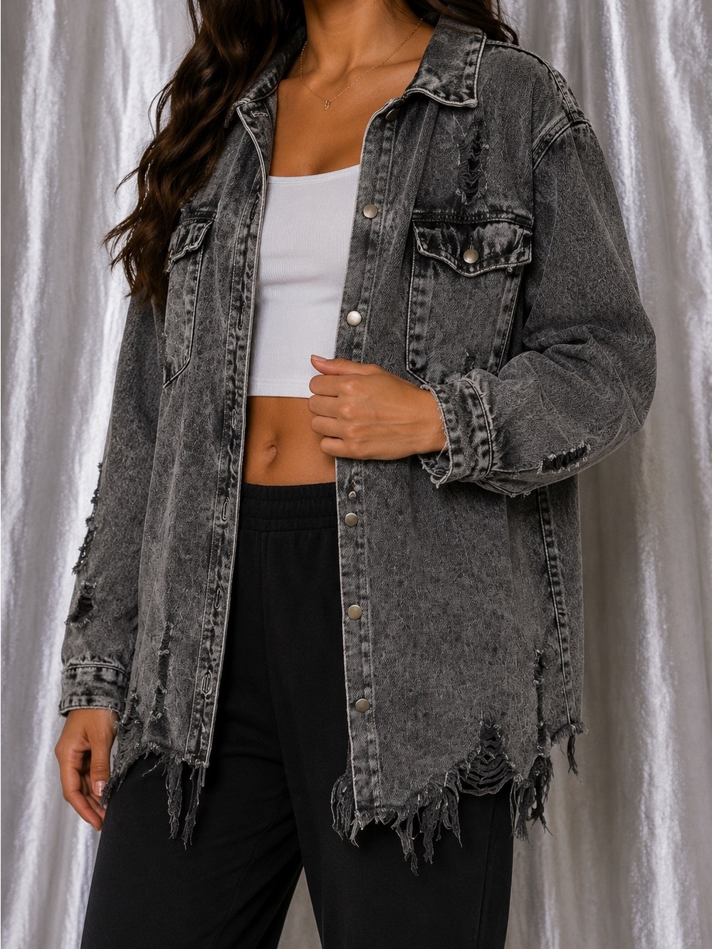 American Bazi Distressed Denim Jacket Shacket Acid Wash Size XL